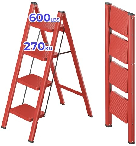 JOISCOPE 4 Stufen Klappleiter, Trittleiter, Leiter, rutschfeste Gummimatten, Verbreiterten rutschfest Stufe, bis 600lbs Belastbar, aus Stahl, Stufenleiter für Haushalt, Büro, Rot