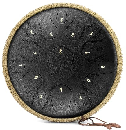 Steel Tongue Drum - 14 Zoll 15 Note Tongue Drum - Hand Pan Drum mit Notenbuch, Handpan Schlägel und Tragetasche, C-Dur, Schwarz