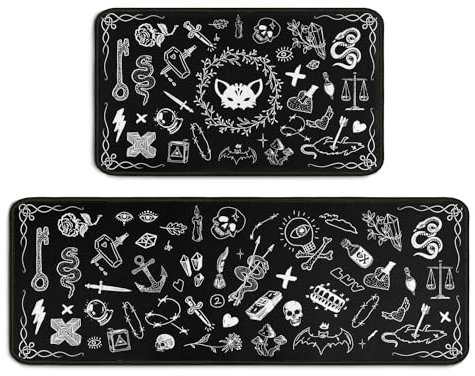 Twyt decor Gothic-Teppich, 43,2 x 76,2 cm + 43,2 x 119,4 cm, Küchenmatte mit Gummi-Rückseite, rutschfest, waschbar, Schwarz, 2 Stück