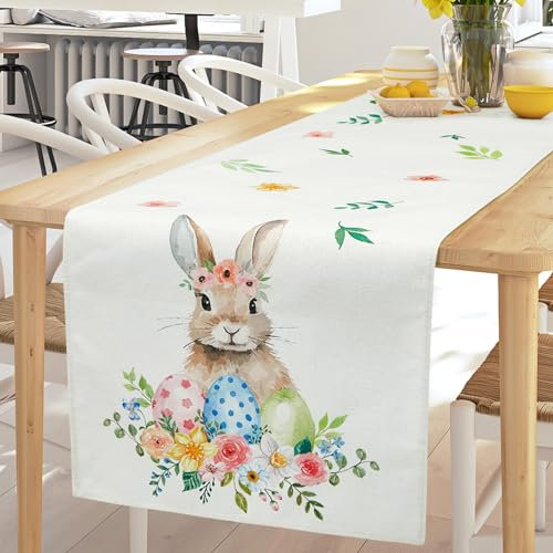 Blulu Ostern Tischläufer 40 x 180 cm Kaninchen Tischdecke Frühling Hase Blumen Tischläufer Deko Saisonale Feiertag Tischdecke Fahne Abdeckung für Wohnzimmer Zuhause Esszimmer Küche Mottoparty