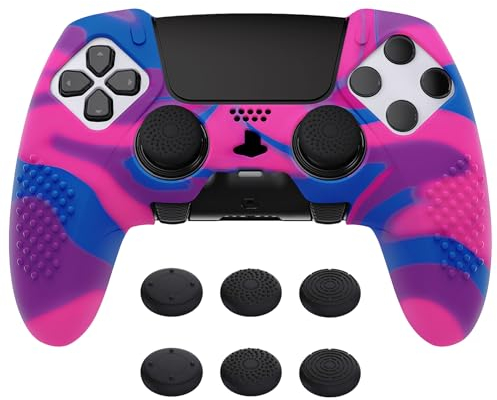 playvital Coque Protection pour ps5 Edge Manette,Housse Silicone avec 6 Capuchon Joystick pour ps5 Edge Controller Cover Skin,Anti-Dérapante Accessoire-Rose&Violet& Bleu,3D Studded Edition