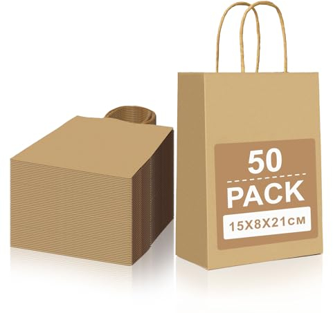 Gucass 50 Pcs Petit Sac en Papier Kraft avec Poignée, Marron Sac Cadeau 15x8x21cm, Pochette Papier Sacs Cadeaux, Sachet Kraft pour Fête Noël Mariage Anniversaire