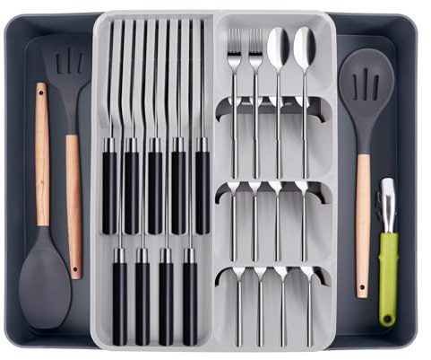 Dovhmoh Organizador de cajones de cubiertos expandible, bandeja ajustable para cubiertos y cubiertos ajustable para utensilios, divisor de cajones compacto para cucharas, tenedores, cuchillos