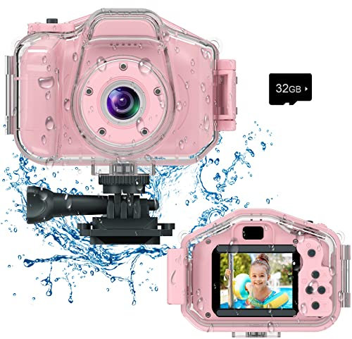 Kids Waterproof Camera, Christmas Birthday Gifts for Boys Girls Age 3-9, Children HD Digital Video Cameras, Portable Toy Child Underwater Camera 2 Inch Screen with 32GB Card (Pink)