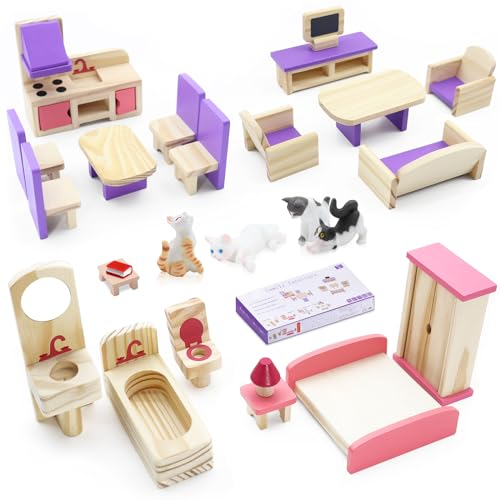 Accessoires de maison de poupée - Meubles en bois - Meubles pièces avec mini figurines de chats - Armoire de poupée - 25 pièces - Accessoires de poupées - Jouets pour garçons, filles et tout-petits de