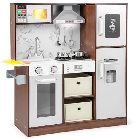 COSTWAY Kids Play Kitchen, Wooden Pretend Cooking Playset with Lights, Sounds, Fabric Drawers, Sink & Faucet, Toddler Chef Toy Set for Boys Girls