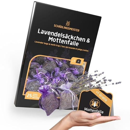 Panteer® Lavendelsäckchen - 25 Stück - Lavendel-Duft für Kleiderschrank - GRATIS 1 Mottenfalle - Natürlicher & Angenehmer Mottenschutz - Ideal für Kleiderschranke und Schlafzimmer