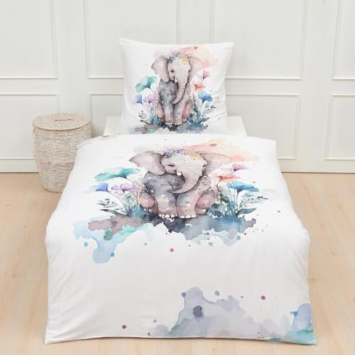 Traumschlaf Mako-Satin Bettwäsche Elefant 1 Bettbezug 135 x 200 cm + 1 Kissenbezug 80 x 80 cm