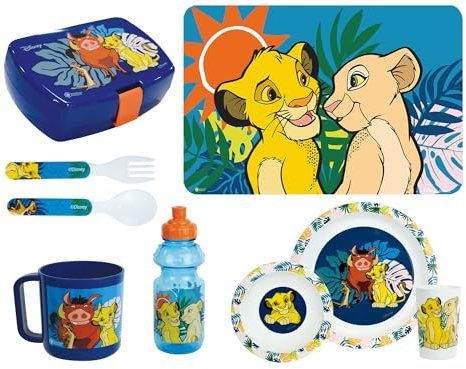 DISNEY LE ROI LION - Lot assiette, bol, verre, couverts, mug, gourde, boite goûter, set de table