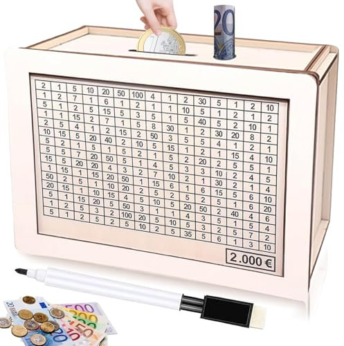 Salvadanaio in Legno,Salvadanaio con Contatore,Salvadanaio con Obiettivi con Obiettivi di Risparmio e Numeri da Spuntare,Salvadanaio Vintage per adulti e bambini con obiettivo di risparmio(2000€)