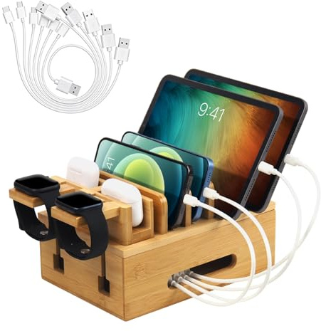 Deefielly Stazioni di ricarica in bambù per dispositivi multipli, docking station da tavolo in legno a 8 porte organizer per telefoni cellulari, tablet, auricolari, orologi (include 6 cavi di