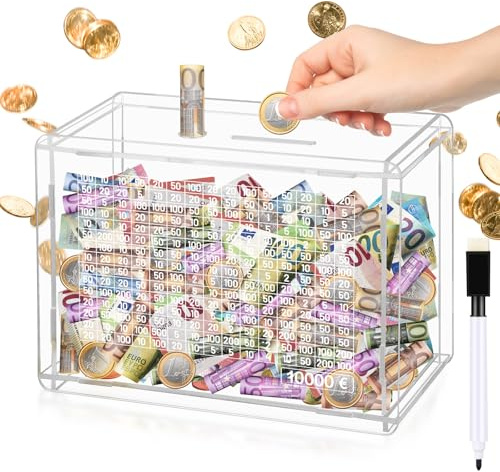 Kkluno Sparbox mit Zahlen Ankreuzen,Sparbox 10000 Euro,Sparschwein Acryl Spardose,Geld Sparen Challenge 10000 Euro Sparen Geldbox,Durchsichtiges Sparschwein für Kinder Erwachsene.