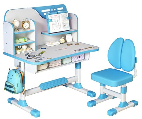 ilkqeppe Kinder-Schreibtischstuhl-Set, höhenverstellbarer Kinder-Schultisch-Stuhl-Set mit Astronautenmuster, ergonomischer Schreibtischstuhl mit großem Schreibbrett, Bücherregal und Schublade (Ros