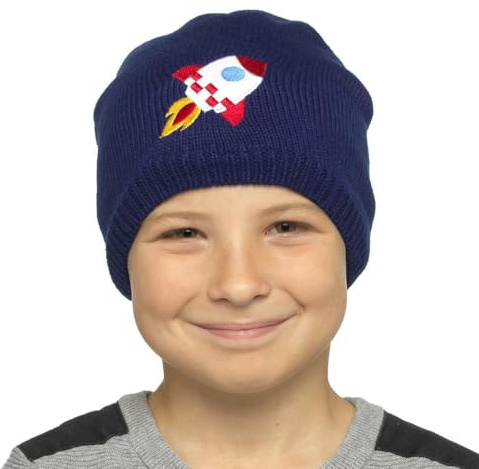 A2Z 4 Kids Boys Rocket Motif Knitted Beanie Hat Warm Winter Fashion | Soft Stretch Acrylic Cap With Embroidered Design Cold Days Ages 3-8 Years