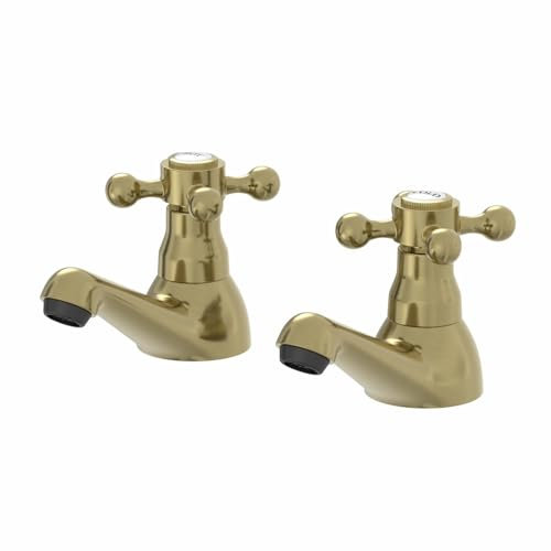 Park Lane® Oxford Bathroom Bath Pillar Tap Set Pair Round Single Crosshead Handle for Bathtub Traditional, Brushed Brass