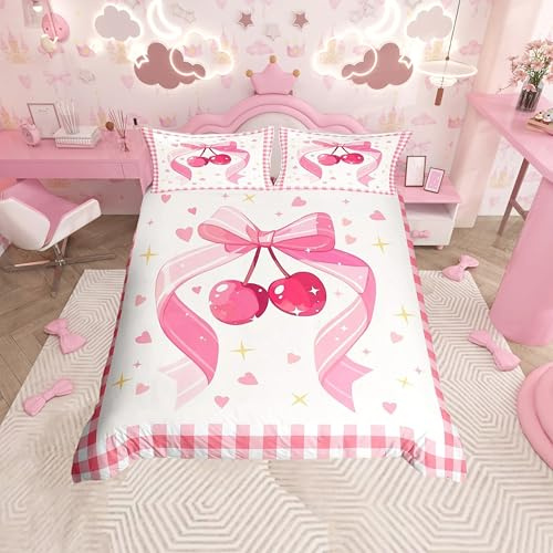 Homemissing Pink Bowknot Duvet Cover Set Single Size For Kids Girls Toddler Women Cute Bow Cherry Bedding Set Love Heart Comforter Cover with 1 Pillowcase Dreamy Princess Style Beds Set