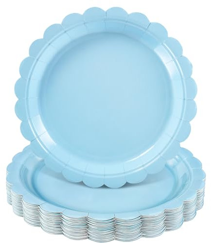 NatNarr 30 Pcs Light Blue Paper Plates 9 Inch Disposable Scalloped Party Paper Plates Baby Blue Dessert Plate for Birthday Baby Shower Wedding