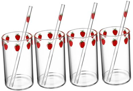 Cabilock 4sets Bicchieri Trasparenti in Vetro Con Paglia Fragola Tazze Compatte Resistenti Al Calore Per Acqua e Latte Accessori Da Cucina Per Uso Quotidiano
