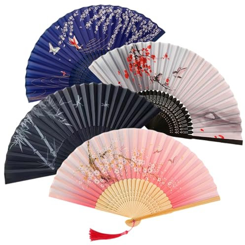 4 Stück Chinesischen Stil Hand Fächer mit Quasten, Holz Geschnitzten Bambus Handheld Faltfächer, Faltbare Fächer Handfächer, Bambusfächer mit Quaste für Geburtstagsgeschenke, Tanzen, Cosplay