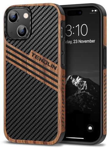 TENDLIN Kompatibel mit iPhone 15 Hülle Holz und Carbon Textur Design Leder Hybrid Handyhülle (DREI Streifen)