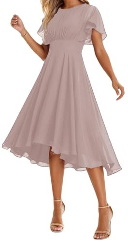 HPPEE Abito da damigella d'onore in chiffon con maniche a pieghe e scollo a cuore - Abito da sera formale, rosa antico, 38