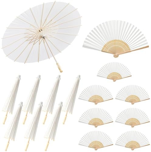 Hestya 8 White Paper Parasol 60 cm and 8 Wedding Fan Vintage Oiled Paper Japanese Umbrellas Bamboo Folding Hand Held Fan for Wedding Bridal Gift Party Favor Wall Church DIY Painting Decorative