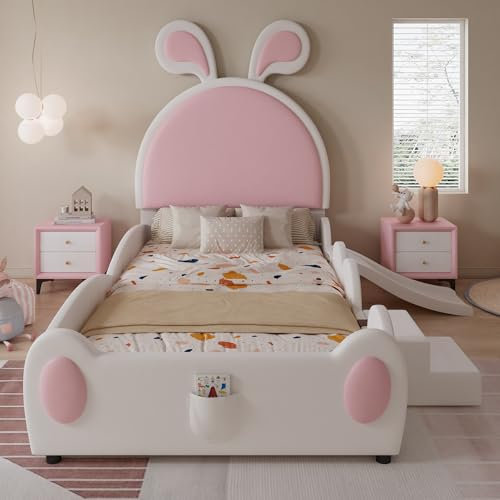 NNJN Polsterbett, Einzelbett Mit Kleiner Treppe und Kinderrutsche, Kopfteil mit Hasenohren, Kinderbett mit Holzlatten, PU, Weiß+Rosa, 90x200cm
