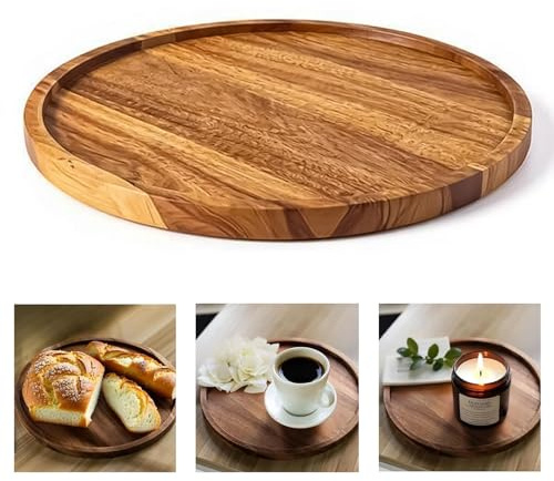 Billowvolve 20cm Rund Serviertablett Holztablett Servierbrett Akazienholz Dekoteller Holz Servierplatte Flacher Platzteller Dekotablett Holzgeschirr