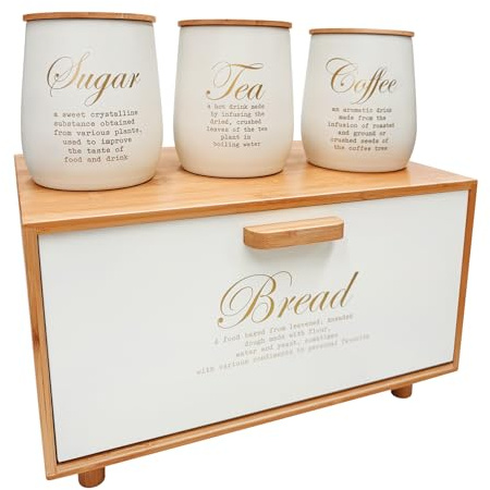 Holisttech Contenitore per il pane in bambù con 3 contenitori in ferro – Set da cucina con scritta Sugar, Tea, Coffee – Design vintage – Contenitore per il pane con coperchio per pane, caffè e