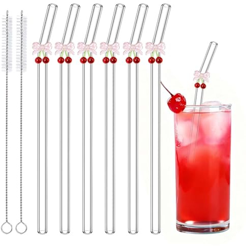Cherry and Bow Glass Straws, Reusable Cute Straws for Girl Women | 6 pcs, Clear, 20cm × 8mm, Ideal for Girl Women Summer Cherry Theme, Bridal Wedding Decor Bachelorette Party Supplies