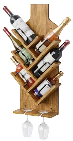 FAVOOSTY Estantería Botellero de Pared para 6 Botellas, estantes de Pared para presentar y almacenar Botellas de Vino con Soporte para Copas, estantería de Madera para salón, Comedor, Marrón Claro