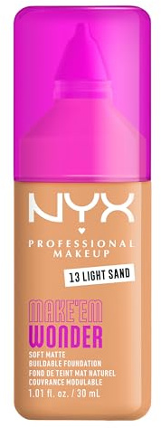 NYX Professional Makeup Make 'Em Wonder Foundation, 24H Soft Matte Aufbaubare Foundation, Mit hoher Deckkraft, Mattes Finish, 13 Light Sand