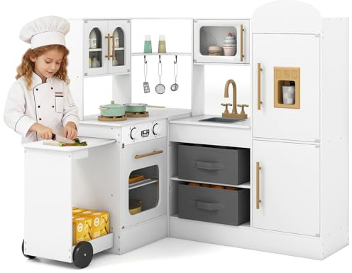 COSTWAY Cocina Juguete en Esquina con Luces y Sonidos, Cocina Infantil con Encimera Retráctil, Nevera, Máquina de Hielo y Accesorios, Cocinita Infantil con Almacenaje para Niños de 3+ Años (Blanco)