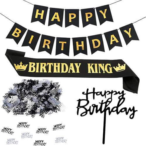 4-teiliges Set Schwarz Happy Birthday Geburtstagsdeko | Girlande Banner, Geburtstag Schärpe, Cake Topper und 15g Glitzer Konfetti, Geburtstagsdeko Party Dekoration für Frau Mann