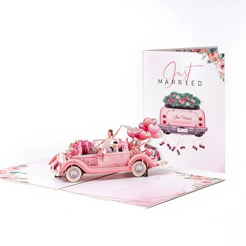 BAUCH Biglietto Matrimonio Pop Up 3D, Design Auto Matrimonio Rosa, Biglietto Auguri Matrimonio con Spazio per Regalo Dinero (15x20cm)