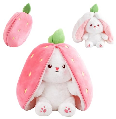 GSOIDJY 25 cm Osterhase Kuscheltier mit Erdbeer, Pink White Hase Kuscheltier mit Verstecken Und Suchen Design, Flauschiger Spielzeug Hase, Bunny Plush für Geburtstagsgeschenk Ostern