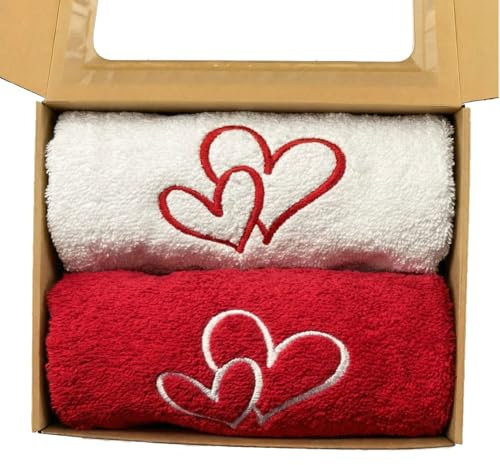MFAZ Morefaz Ltd Valentinstag Geschenk - 2er Set Badetücher 50x100 cm mit dekorativer Geschenkbox, LOVE Herz Design (Weiß Rot, Medium)