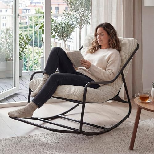 Villeston Schaukelstuhl mit verlängerten Kufen für mehr Stabilität | Gemütlicher Papasan-Stuhl mit Dick Gepolstertem Rahmen, für Innen- und Außenbereich – Robuster Stahlrahmen, Max 160 KG