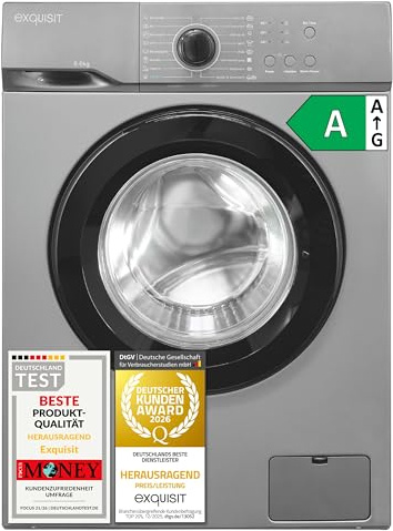 Exquisit WA56110-021A Waschmaschine 6 kg - Energieklasse A - Inoxlook | Schmale Waschmaschine mit 1000 U/Min, 16 Programmen, Kurzprogramm, Kaltwäsche, Aquastop und Kindersicherung für Singles