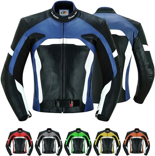 German Wear Motorrad Lederjacke aus Büffelleder mit CE-Protektoren Abnehmbares Innenfutter Bikerjacke mit Taschen & Reißverschlüssen für Touring & Alltag