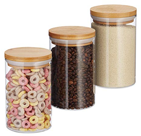 Relaxdays Vorratsdosen Glas, 3er Set, für Pasta, Reis, Müsli, Kaffeebohnen, Volumen 800 ml, HxD 16x9,5 cm, , natur