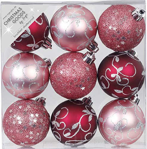 9 STK. Christbaumkugeln 6cm Ornament Dekor Motive Kunststoff bruchfest Dekokugeln Weihnachtskugeln Baumkugeln Baumschmuck Set Christbaumschmuck Weihnachtsschmuck 60mm Berry Kiss Beere