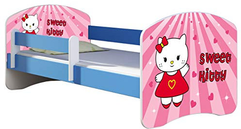 ACMA Kinderbett Jugendbett mit Einer Schublade und Matratze Blau mit Rausfallschutz Lattenrost II 140x70 160x80 180x80 (15 Sweet Kitty, 180x80)