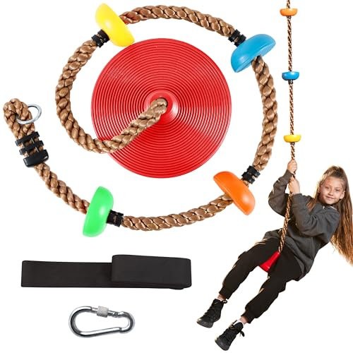 TURFEE Climbing Rope Tree Kids Swing with Platforms and Disc Swings Seat,Outdoor Indoor Backyard Playground Swingset Accessories Single Disk 6 Ft Outdoor Climbing Rope,Carabiner &4 Ft Tree Strap