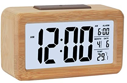 GINZER Wooden Digital Alarm Clock, Large LED Display Wood Grain Clock, Smart Sensor Night Light, Snooze and Temperature, Battery Operated, Cuboid Alarm Clock for Bedroom Office Bedside Desk