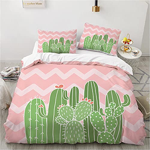 WQIZXCW Bettbezug 135 x 200 Rosa-Streifen-Kaktus Bettwäsche Set 2 Teilig - Anti-Allergie Bettbezüge und Kissenbezug mit Reißverschluss