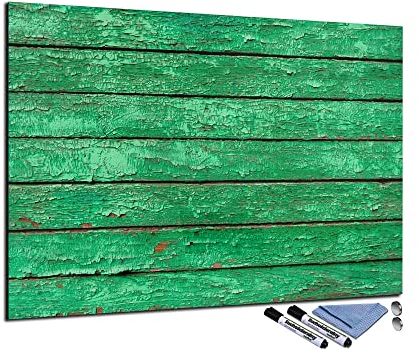Glas-Magnettafel 70x100 cm Whiteboard Wand Beschreibbar Magnetisch Pinnwand Küche Office Büro mit Zubehör Wochenplaner Abwischbar Deko Memoboard Tafel Holz-Optik Grün