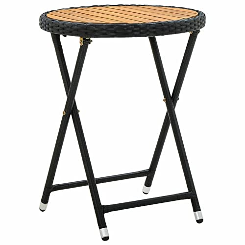 Susany Klapptisch Beistelltisch Balkontisch Gartentisch Terrassentisch Holztisch Blumenständer für Innen und Außen Poly Rattan und Massivholz Akazie Schwarz 60 cm