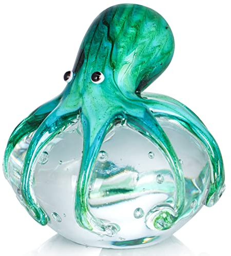 Sanbege Mundgeblasene Oktopus-Figur aus Glas, niedlicher Briefbeschwerer, Sammlerstück, nautische Statue, Dekoration für Zuhause, Büro, Party und Geschenk (Blau und Grün)