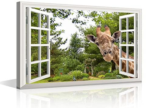 Wall Art Green Garden Giraffe 3D Window View Effect for Home Modern Decoration Painting Pictures Print On Canvas Wooden Frame Ready To Hang 16x24inch (40x60cm)